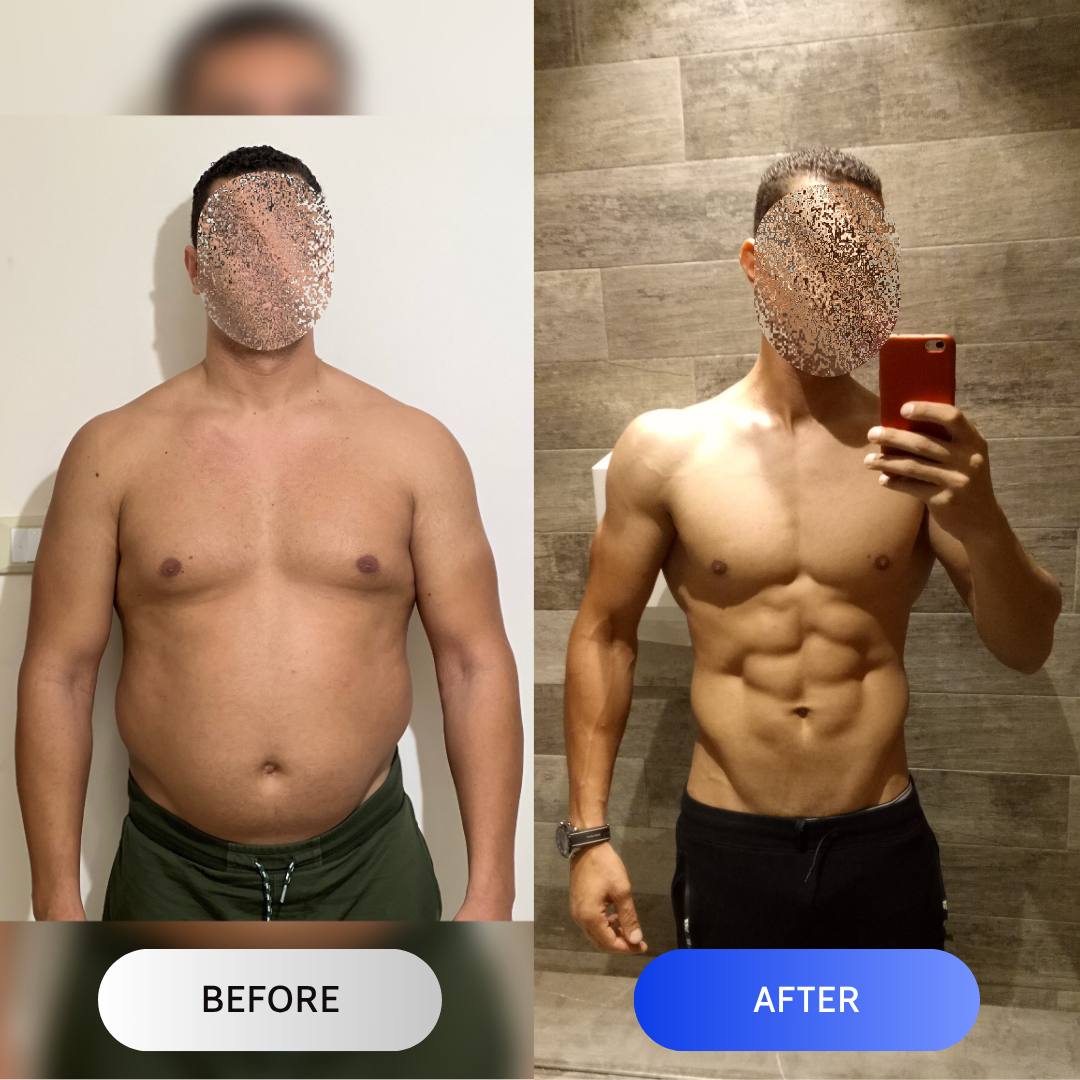 Client body transformation before and after results with coach fathi