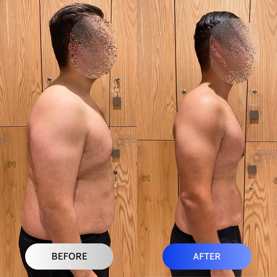 Client body transformation before and after results with coach fathi